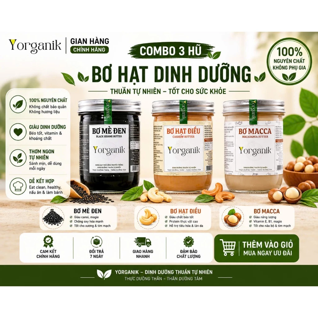 Combo Bơ Hạt Healthy Yorganik 3 Hũ – Mè Đen, Điều, Macca Không Đường Nguyên Chất Yorganik Size 200g