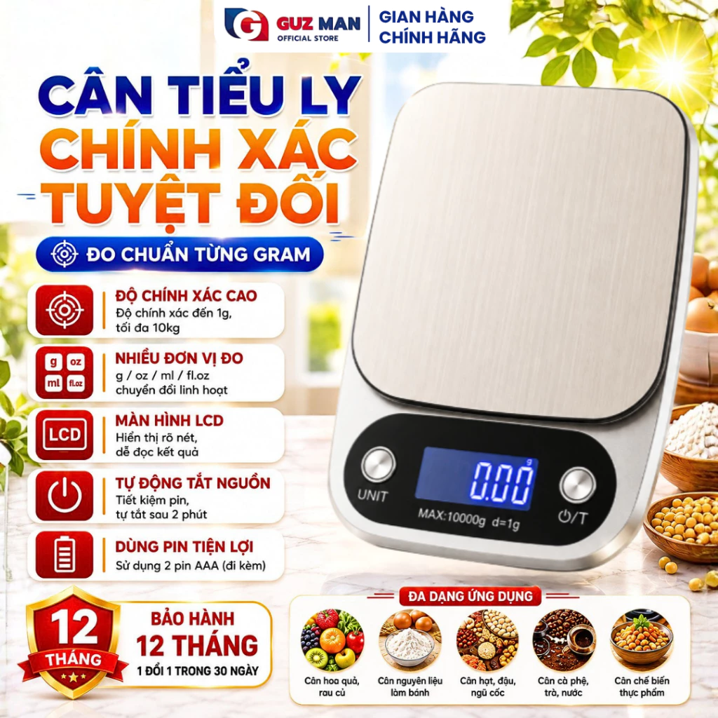 Cân Tiểu Ly Điện Tử Nhà Bếp Mini, Định lượng đo 0,1g - 10kg, đo chính xác đến từng Gam tặng kèm Pin