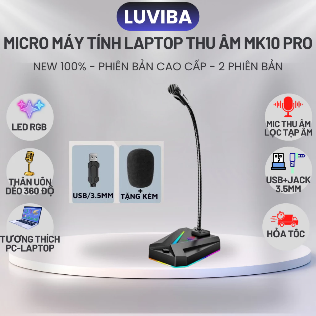 Micro thu âm lọc tiếng ồn máy tính laptop MK10 Jack USB và 3.5mm có LED 360° độ nhạy cao zoom call