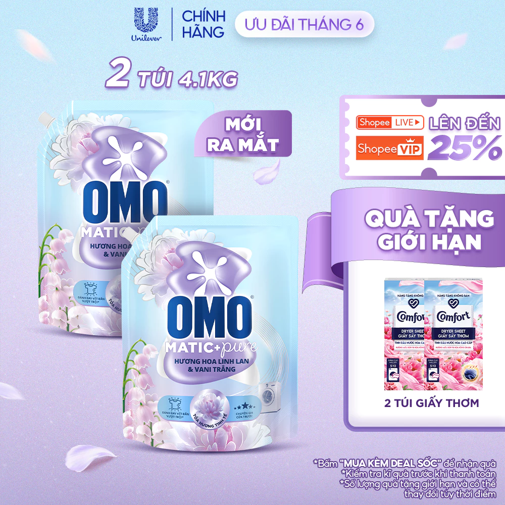 Combo 2 Nước giặt OMO Matic Pure Cửa Trước Hương Linh Lan & Vani Trắng 4.1KG (túi)