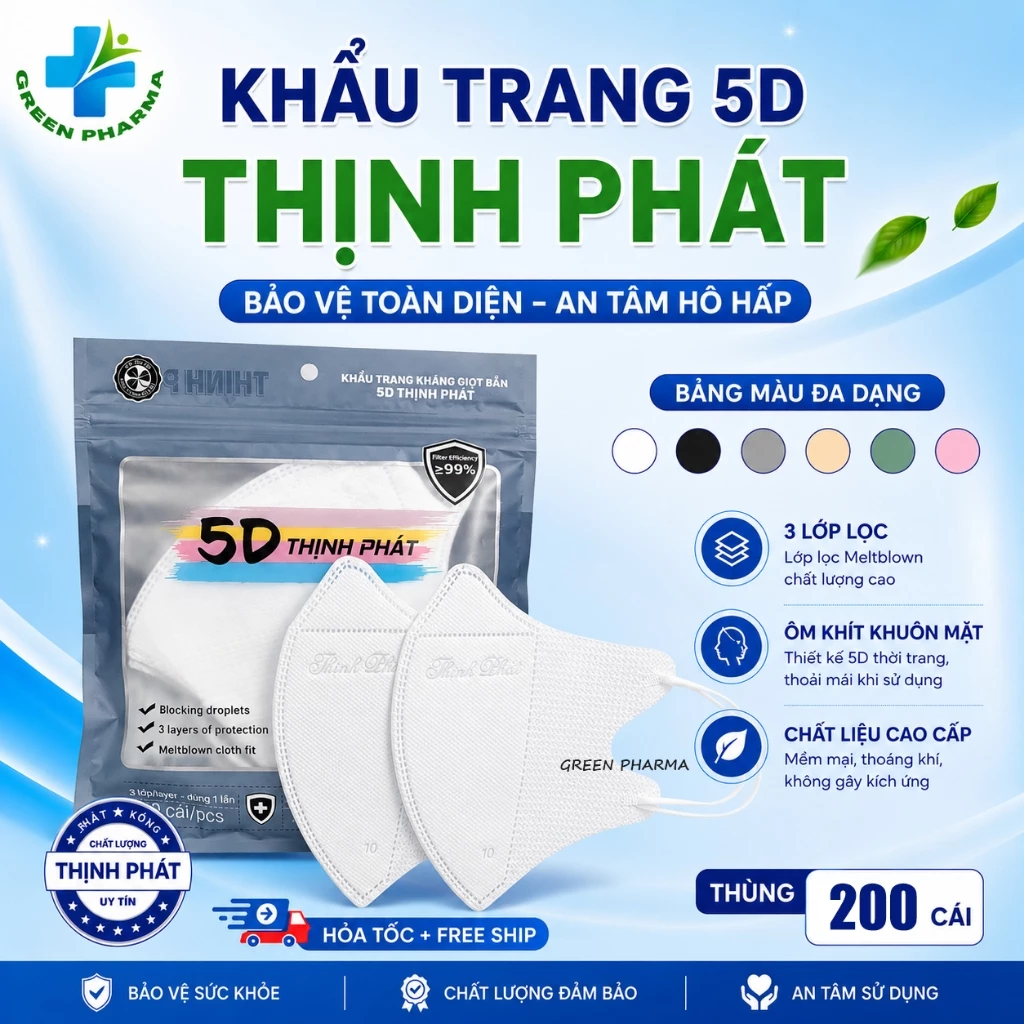 [THÙNG 200 Cái] Khẩu Trang 5D Thịnh Phát Chính Hãng Vải 3 Lớp Kháng Khuẩn Lọc Bụi Mịn Chống Tia UV