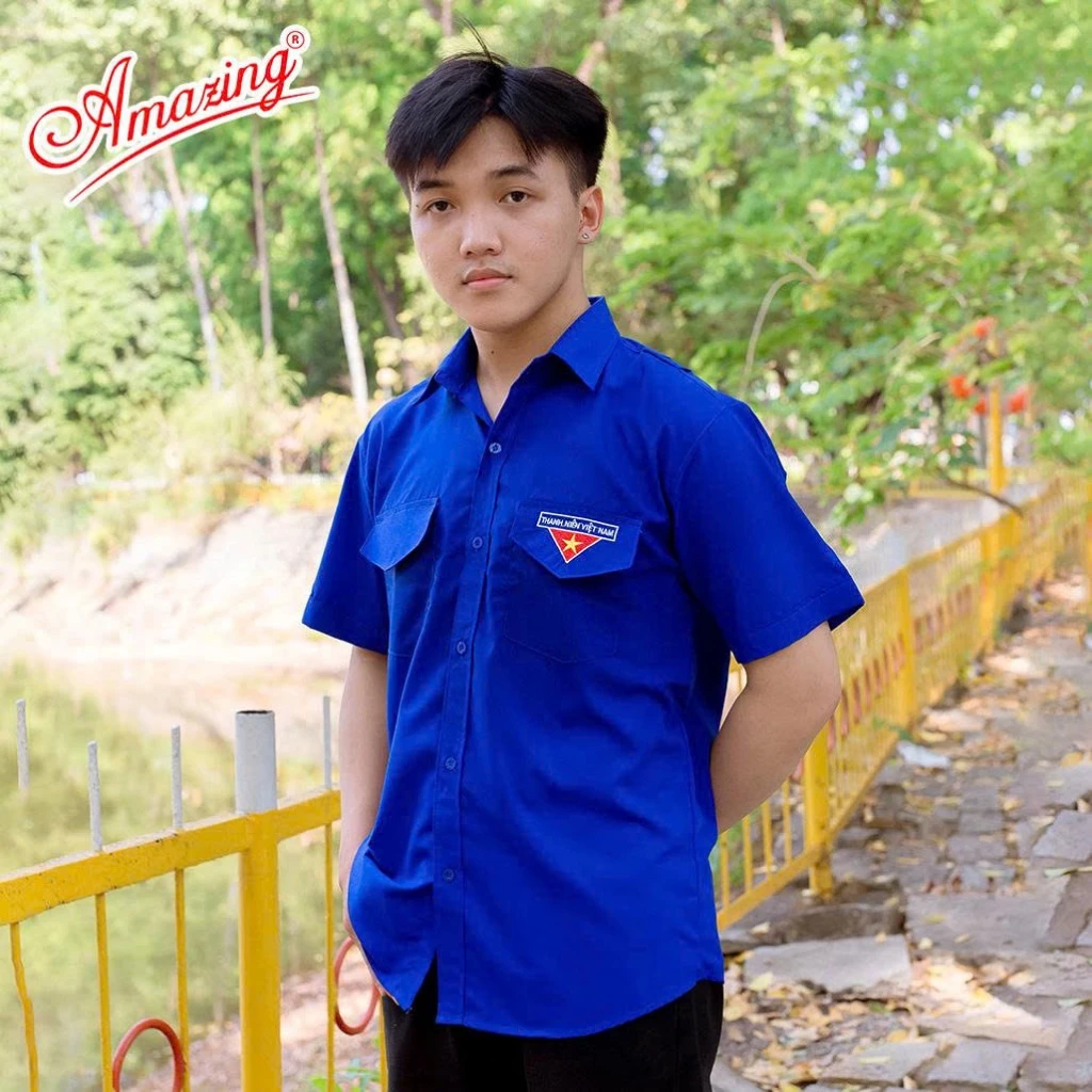 Áo đoàn viên nam, thanh niên tình nguyện, thêu logo cờ đỏ sao vàng, 2 túi có nắp và cầu vai, Amazing