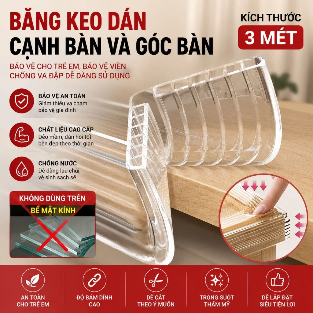 Băng Keo Dán Góc Bàn Trong Suốt 3 Mét Bảo Vệ Trẻ Em, Giảm Va Đập Hiệu Quả Miếng Dán Bảo Vệ Góc Bàn PVC Cao Cấp