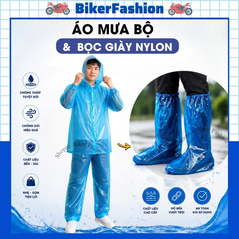 Áo Mưa Bộ Nilon, Bọc Giày Đi Mưa - Ủng Đi Mưa Nhựa Nylon - Chống Nước, Chống Bẩn, Siêu Tiện Lợi.