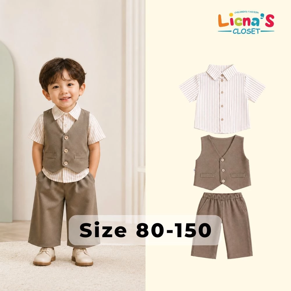 Set Gile Bé Trai Phong Cách Hàn Quốc, bộ bé trai - Bộ Áo Sơ Mi Kẻ Kèm Gile Và Quần Dài Cho Bé
