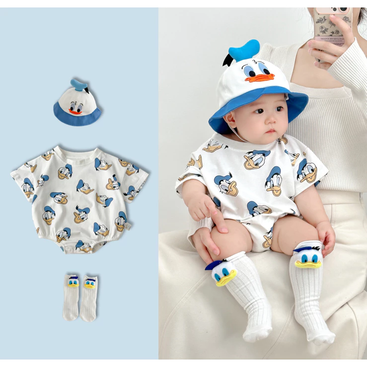 Bé con trai và cô gái bông mùa hè áo ngắn thời trang vịt xanh phong cách Hàn Quốc romper 0-24 M
