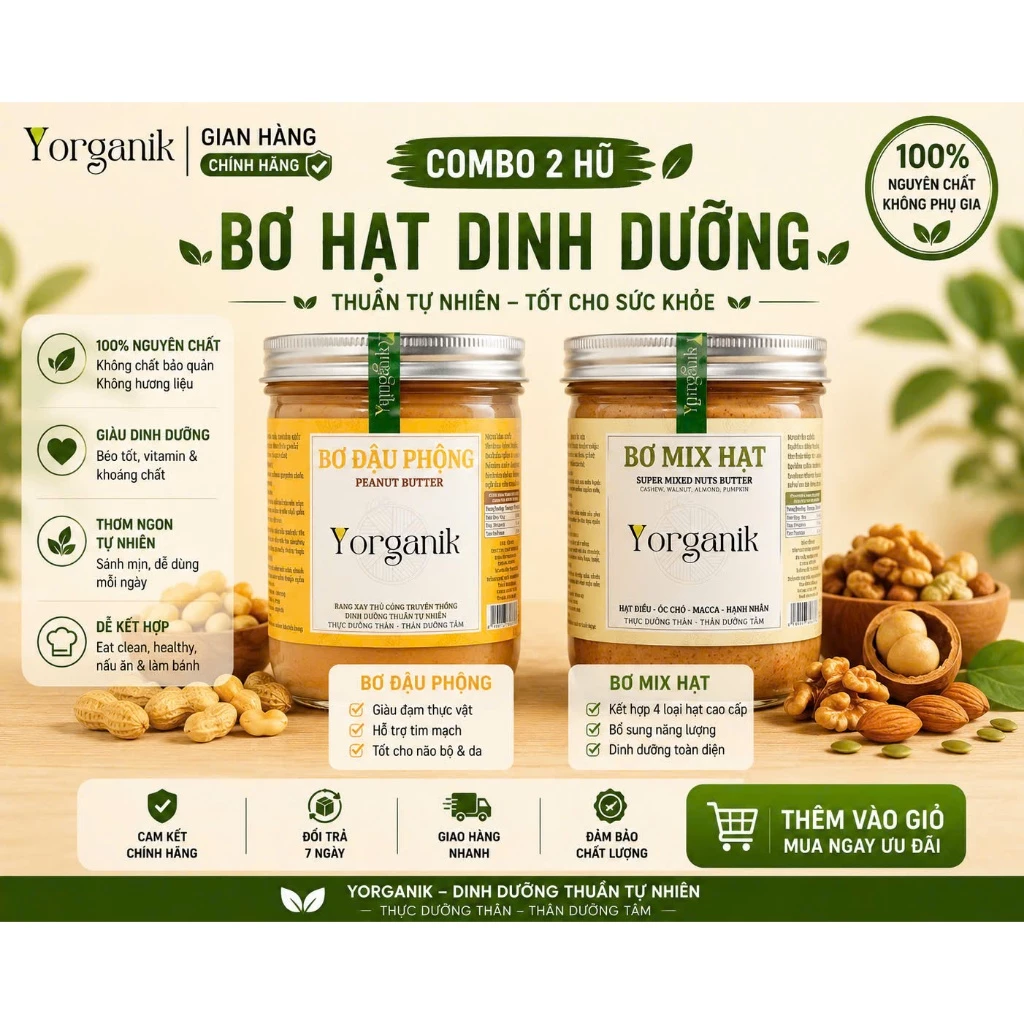 Combo Bơ mix hạt - Bơ đậu phộng nguyên chất ăn kiêng thuần chay Yorganik 200/450g