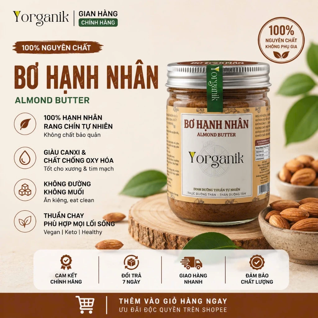Bơ hạnh nhân nguyên chất – Không đường, không muối – Ăn kiêng, thực dưỡng – Yorganik Hủ 450g/200g