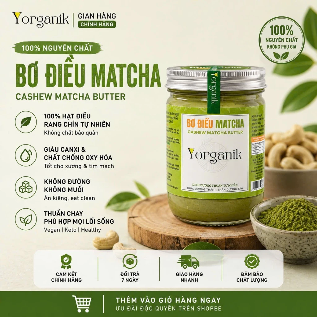 Bơ điều Matcha nguyên chất không đường ăn kiêng thuần Chay Yorganik 200g/450g