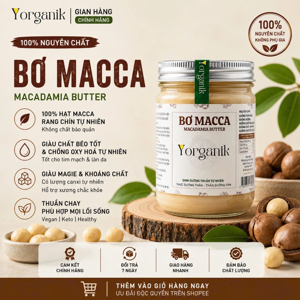 Bơ macca nguyên chất – Béo thơm tự nhiên – Không đường, không phụ gia – Yorganik,Hủ 190g/400g