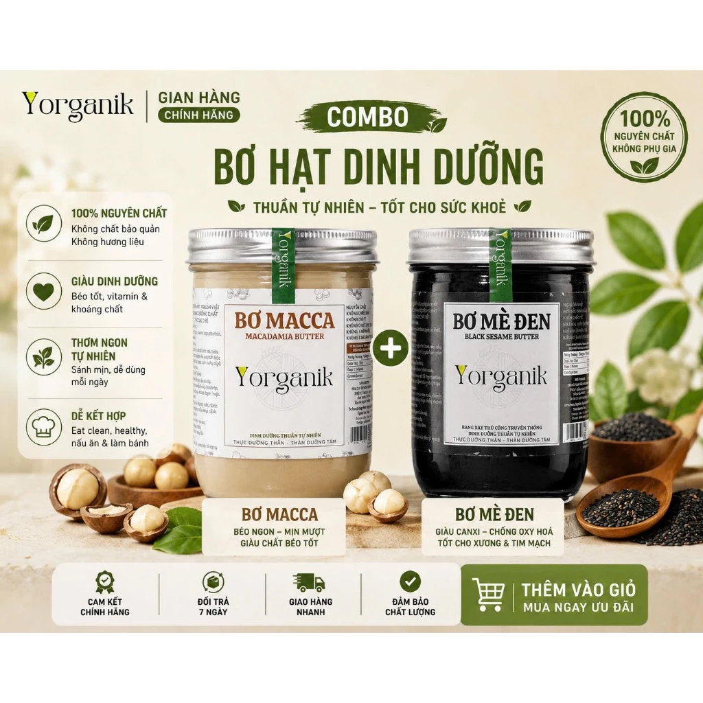 Combo 2 Hủ Bơ Hạt Mè Đen & Macca Yorganik Nguyên Chất Không Đường ăn kiêng healthy thuần chay Gym