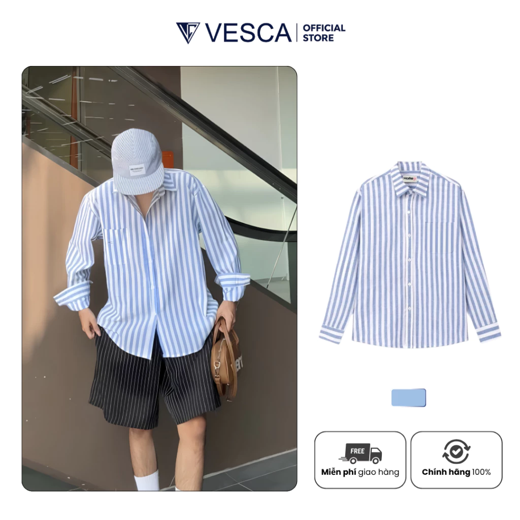 Áo Sơ Mi Nam Kẻ Sọc Xanh Chất Linen Mặc Đi Biển Mùa Hè Thoáng Mát Dễ Phối Đồ VESCA A54