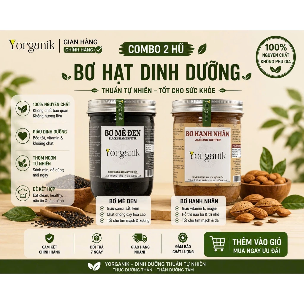 Combo ăn kiêng Bơ mè đen + Bơ hạnh nhân nguyên chất – Ăn chay thực dưỡng ăn kiêng Healthy Food – Yorganik, 200g/450g