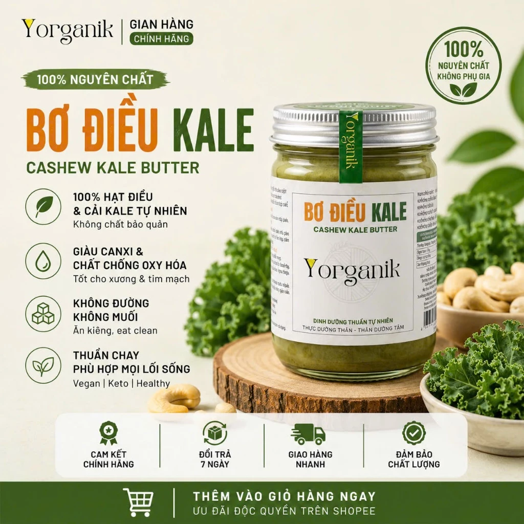 [0% Đường] Bơ Hạt Điều Rau Kale nguyên chất Yorganik Không Phụ Gia, Giàu Chất Xơ, Healthy Bé & Mẹ