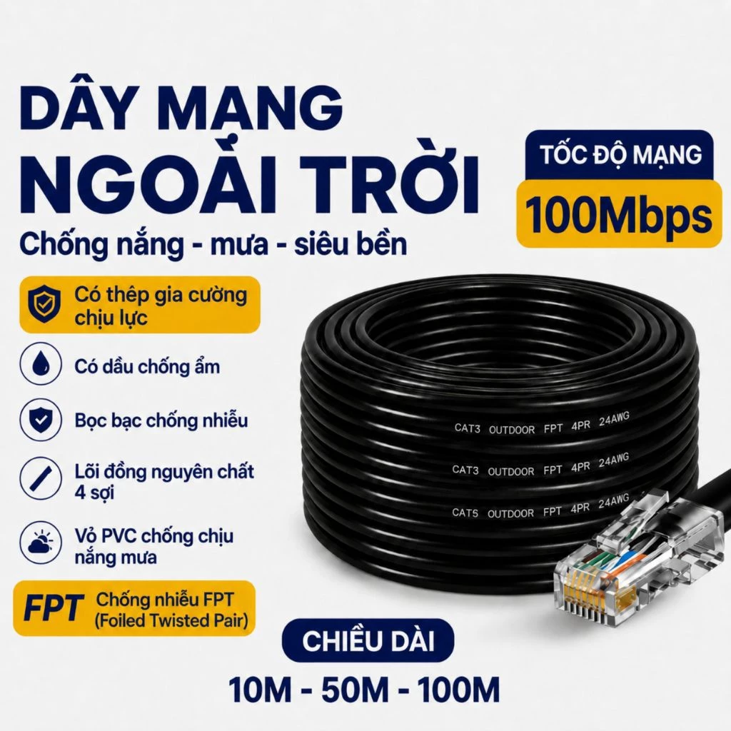 Dây Mạng Ngoài Trời Bấm Sẵn 2 Đầu 10M-100M Dây Cáp Mạng LAN Lõi Đồng Nguyên Chất, Có Thếp Gia Cường