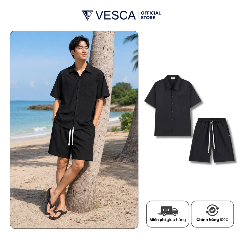 Bộ Quần Áo Nam Đi Biển Mùa Hè VESCA Chất Liệu Đũi Xước Cao Cấp Thoáng Mát Và Mềm Mại J37