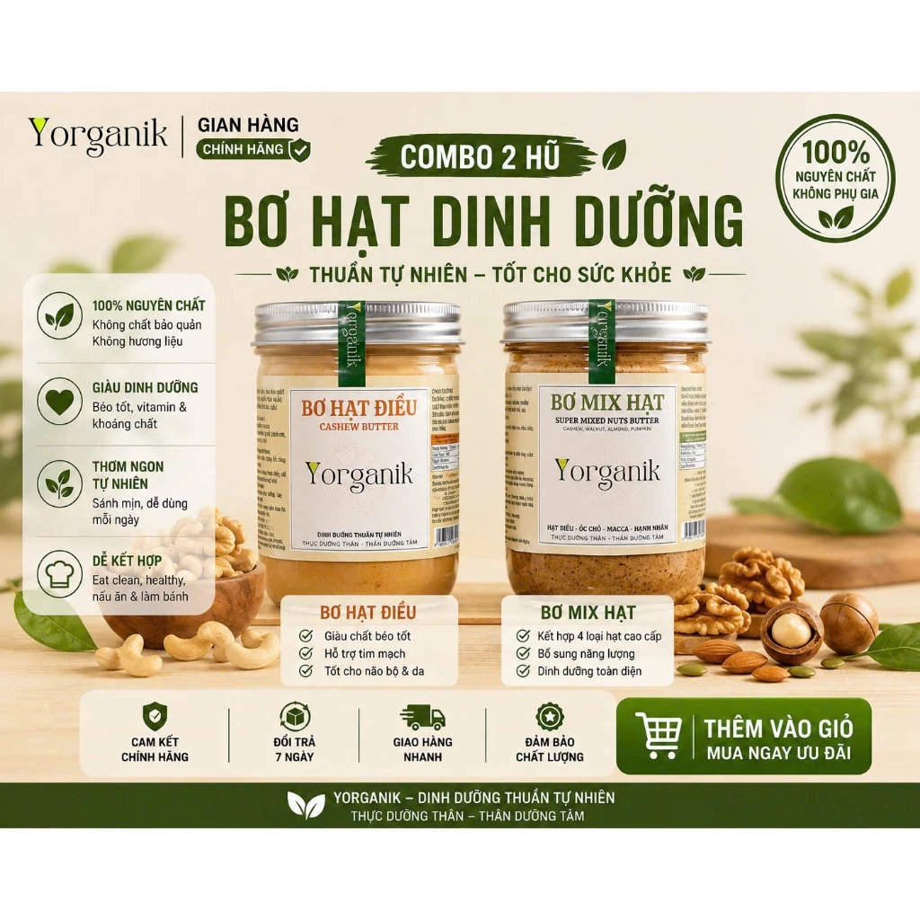 Combo 2 Hủ Bơ Điều, Bơ Mix ăn kiêng không đường Yorganik, Hủ 200g/450g
