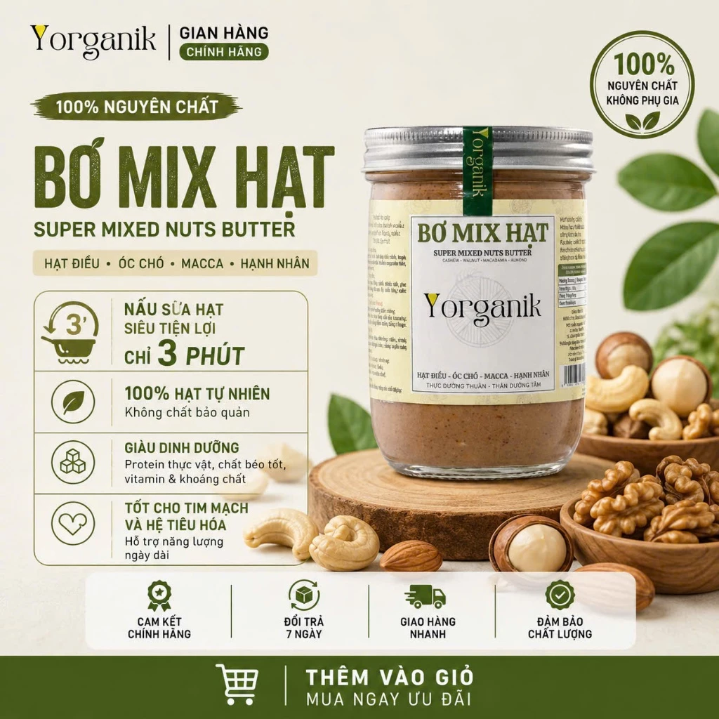 [ĂN KIÊNG] Bơ Mix 4 Loại Hạt YORGANIK Macca Hạnh Nhân Óc Chó Hạt Điều Không Đường Healthy Eat Clean