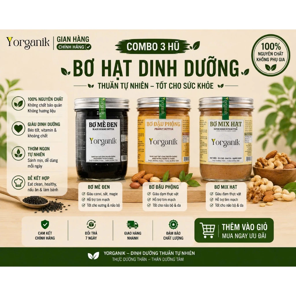 [COMBO TIẾT KIỆM] Combo 3 Hũ Bơ Hạt YORGANIK Mè Đen Đậu Phộng Mix 4 Hạt Không Đường healthy eatclean