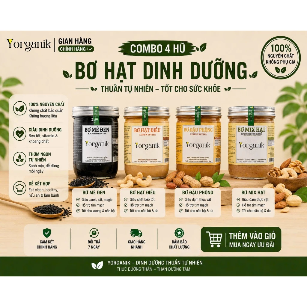 Combo Gia Đình Healthy Yorganik – 4 Vị Bơ Hạt Nguyên Chất Dễ Dùng Mỗi Ngày Yorganik Size 200g