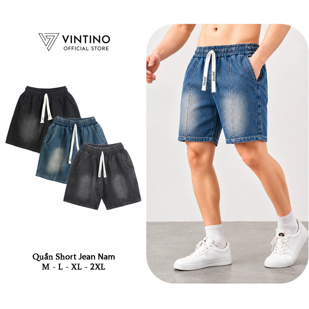 Quần short jeans nam VINTINO form trên gối dày đẹp không bay màu thoáng mát dễ phối đồ QSJ02