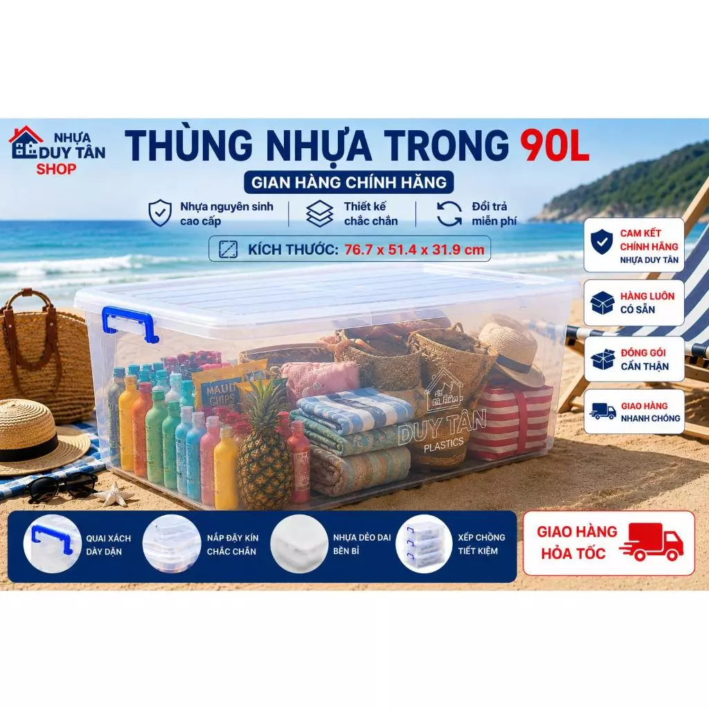 Thùng Nhựa Trong Suốt Đựng Đồ Đa Năng Duy Tân / Hiệp Thành Có Nắp Quai Xách Đủ Size (10L - 90L)