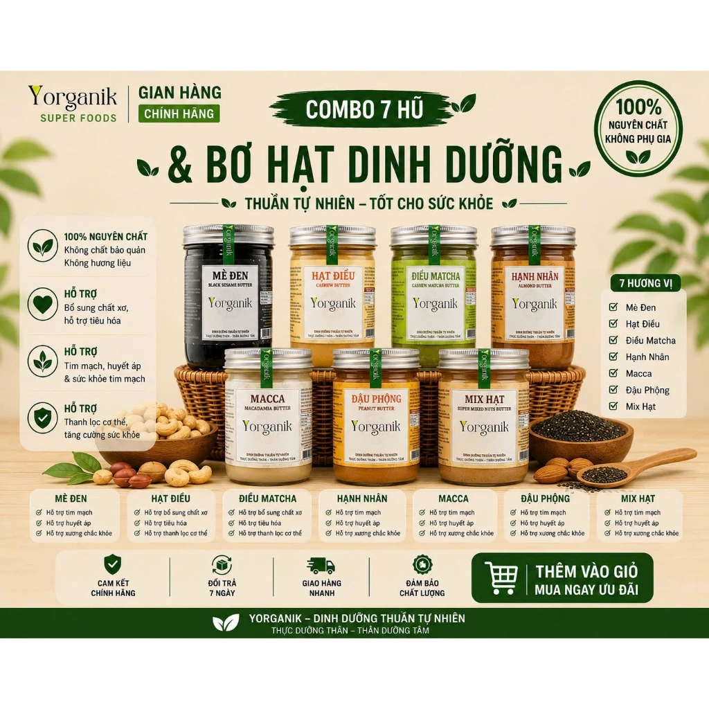 Combo 7 Loại Bơ Hạt Yorganik – Nguyên Chất Không Đường, Thuần Chay Yorganik , Healthy size 200g/450g