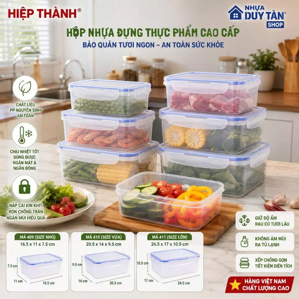 Hộp Nhựa Đựng Thực Phẩm Hiệp Thành HCN (Mã 409/410/411) - Hộp Trữ Đông, Để Tủ Lạnh Có Nắp Cài Kín Kháng Khuẩn