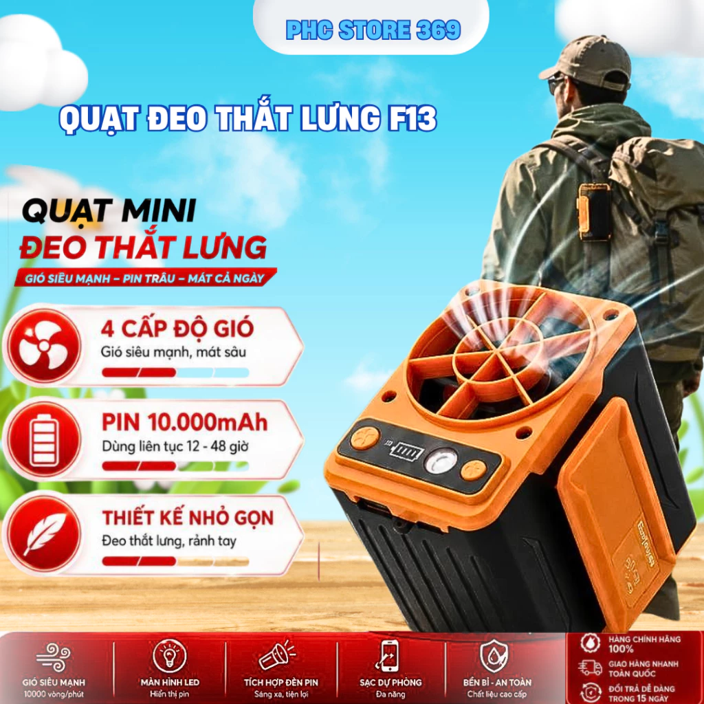 Quạt Mini Đeo Thắt Lưng Tirek F13 Pin 10000mAh, Gió Siêu Mạnh 4 Cấp, Dùng 12–48H