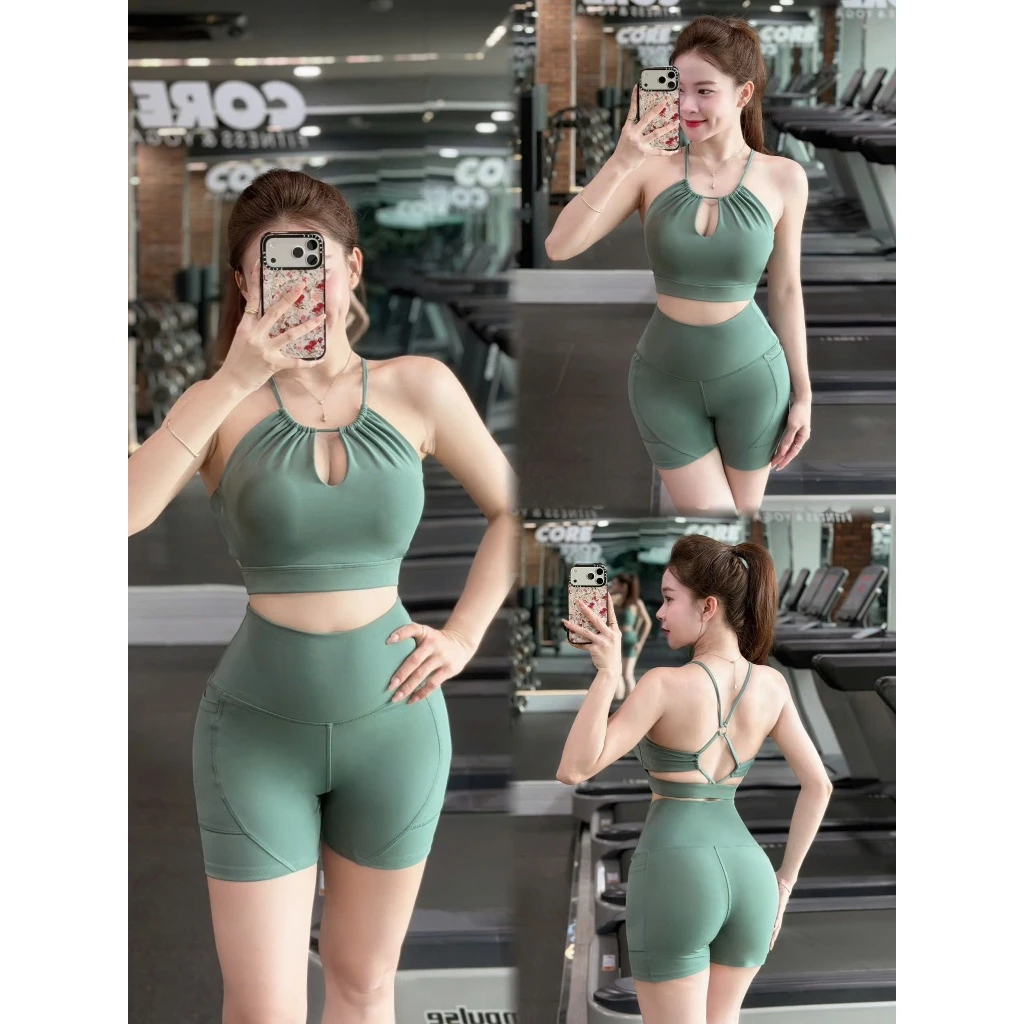 Bộ tập thể thao nữ, set bộ áo bra yếm  mút đúc quần đùi lưng cao thun poly co giãn BT901