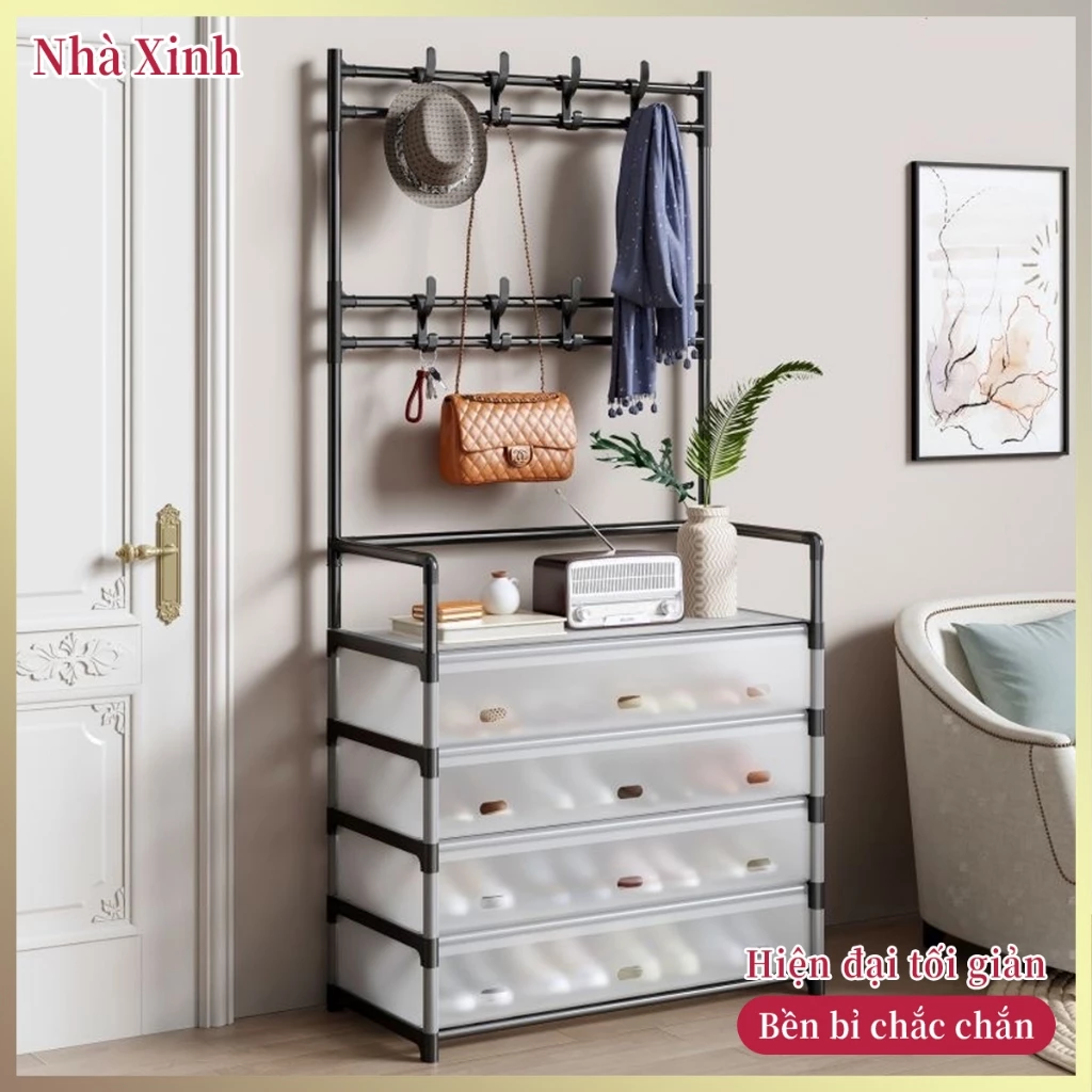 Kệ giày đa tầng chống bụi, tích hợp kệ treo quần áo và tủ đựng giày thiết kế đứng sàn dành cho gia đình