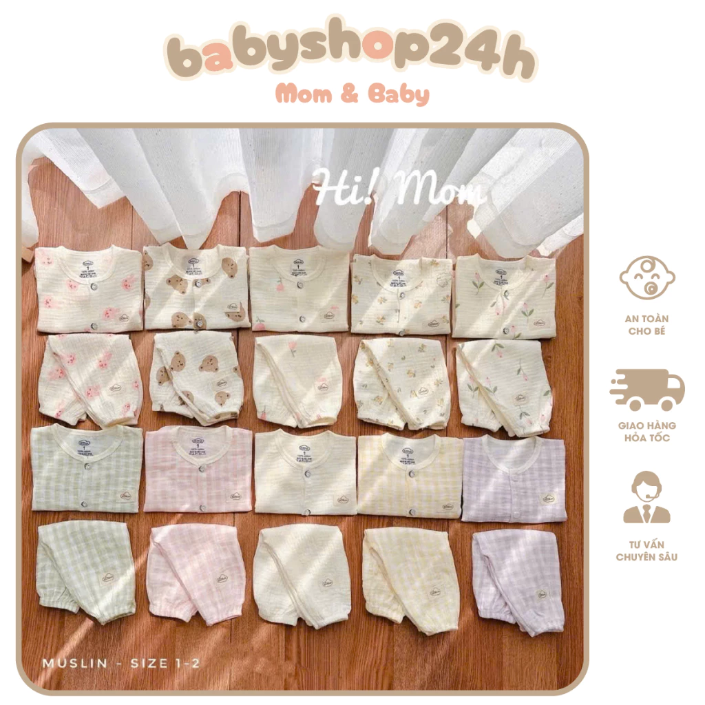 Bộ Dài Tay Pizama  Xô Muslin Họa Tiết Đáng Yêu Cho Bé Trai, Bé Gái Size 4 - 7,5 kg