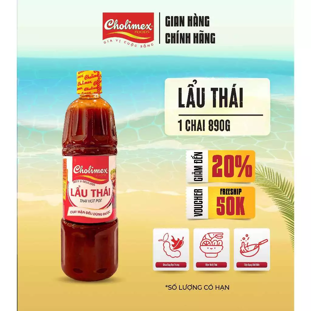 Lẩu Thái CHOLIMEX Chai Pet 890g - Gia Vị Xốt Lẩu Chua Cay Chuẩn Thái Tiện Lợi