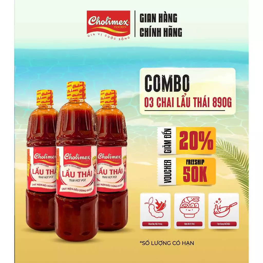 Combo 3 chai Xốt Lẩu Thái CHOLIMEX Chai PET 890g