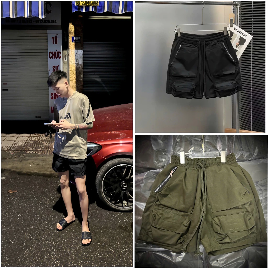 Quần Short Gió Nam Thêu Túi Hộp 2 Bên Khóa Zip Chéo 2 Bên Lót Lưới-Quần Cargo Đùi Túi Hộp Boy Phố