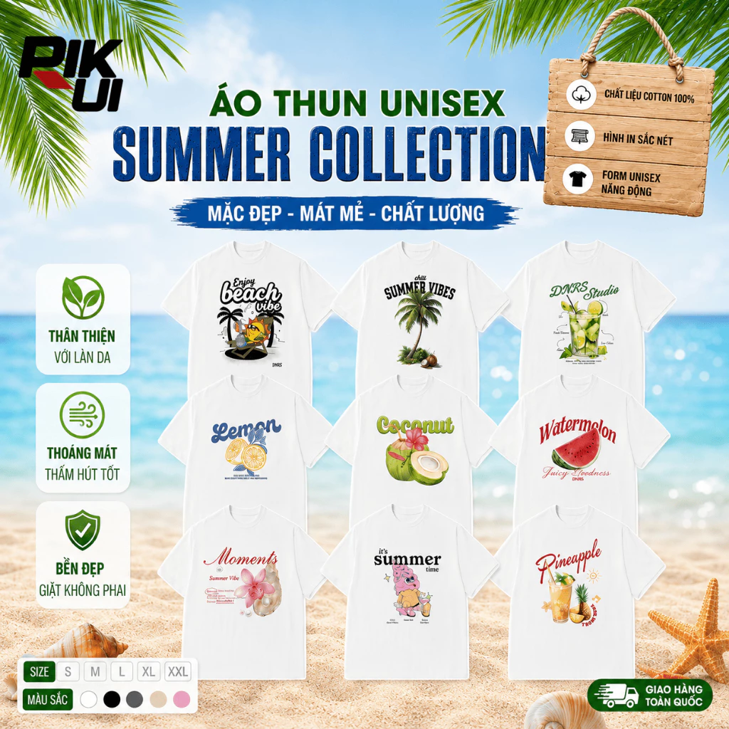 Áo Thun Nam Nữ Unisex Đi Biển Mùa Hè Form Boxy Tay Lỡ Cotton Mát Mịn Thoải Mái PIKKRUI