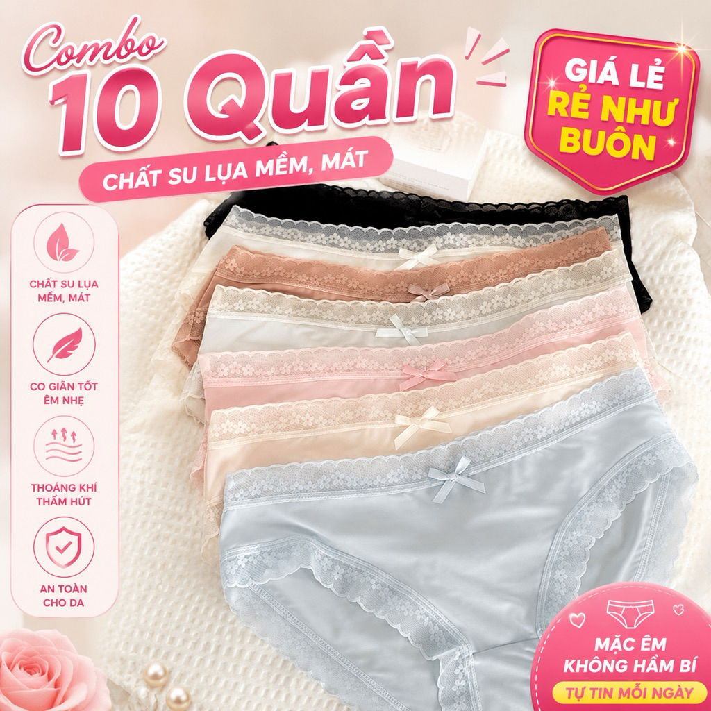 COMBO 10 Quần Lót Nữ Su Lụa Siêu Mỏng Không Lộ Viền Co Giãn Phối Ren Hoa