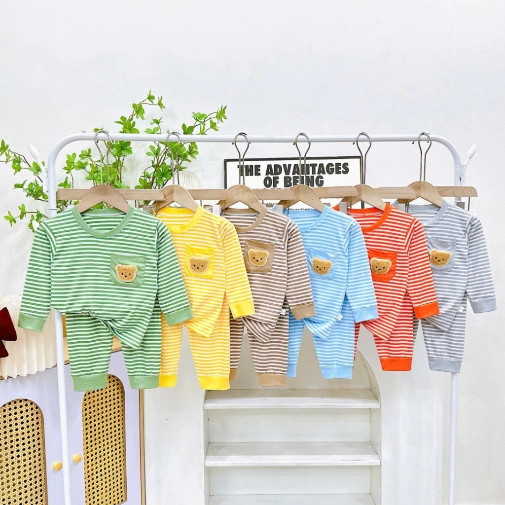 Bộ thun lạnh dài tay sọc dệt có túi hình gấu cho bé từ 6-24kg