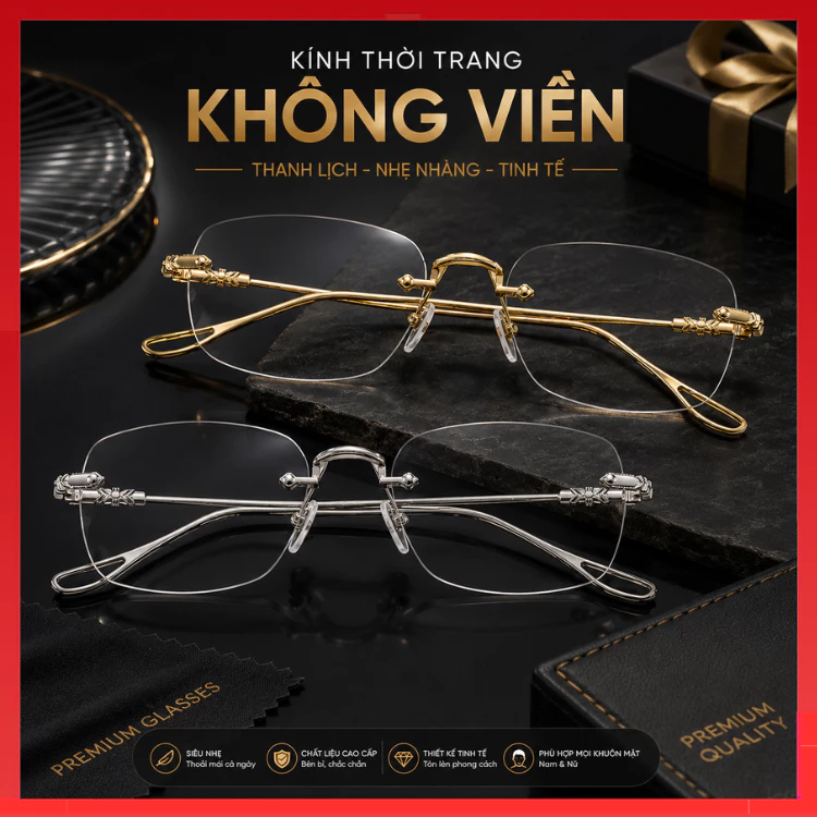 Kính không viền, không gọng chống ánh sáng xanh, giả cận nam nữ unisex sang trọng phong cách