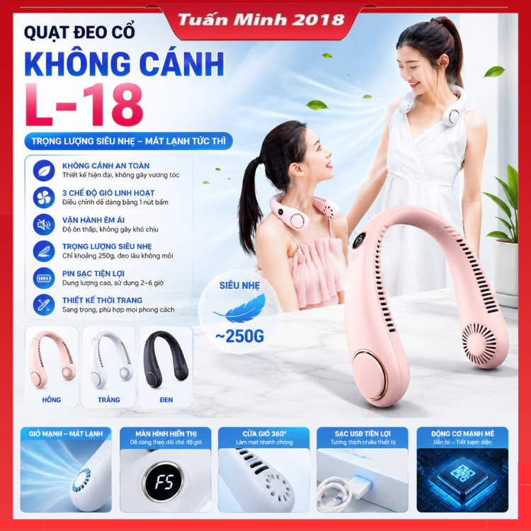 Quạt Đeo Cổ Không Cánh L-18 Cao Cấp, Màn Hình LED, Làm Mát Mùa Hè