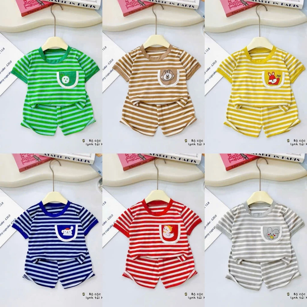 Bộ thun lạnh cộc tay sọc dệt bảng to có túi in hình dễ thương, vải mềm mịn mát, co giản cho bé từ 6-23kg