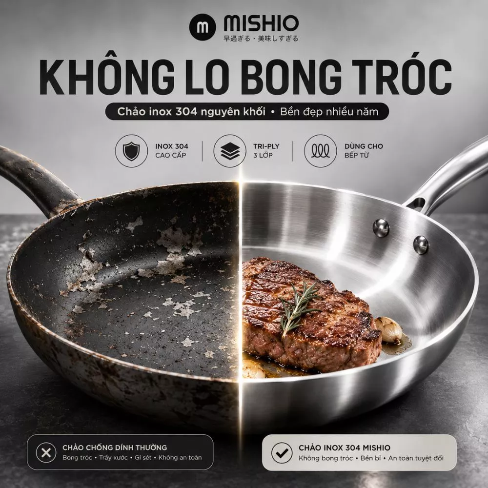 CHẢO INOX 304 ĐÁY TỪ MISHIO – KHÔNG LO BONG TRÓC
