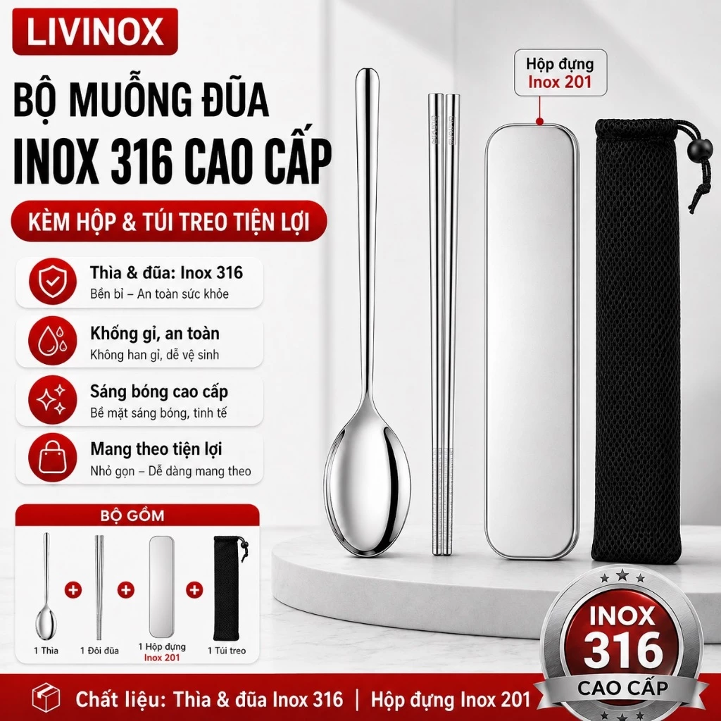Bộ Muỗng Đũa INOX 316 CAO CẤP LIVINOX Bộ Đũa Thìa Kèm Hộp Và Túi Treo Tiện Lợi, Bộ Đũa Muỗng Mang Đi Làm Văn Phòng