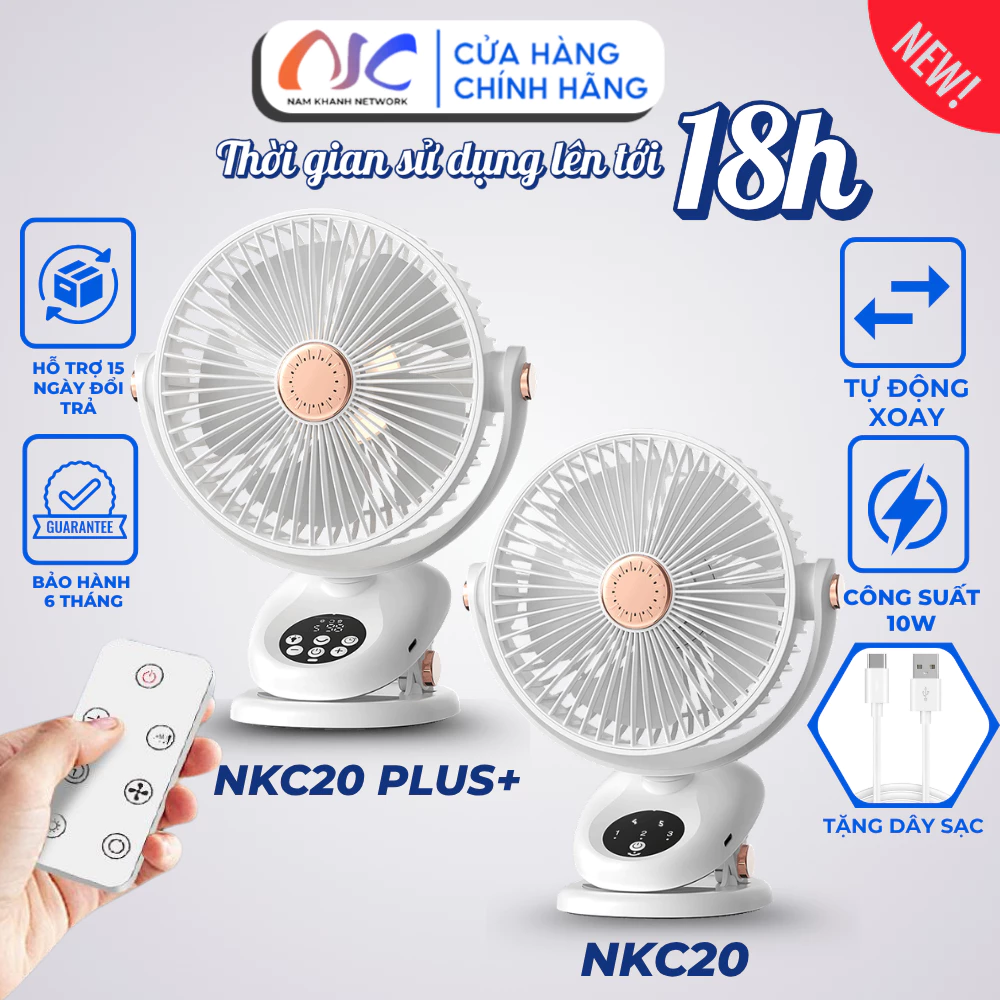 Quạt Tích Điện Tự Động Xoay, Quạt Kẹp Xe Đẩy, Quạt Để Bàn Góc Xoay 160°, Không Gây Tiếng Ồn NKC20
