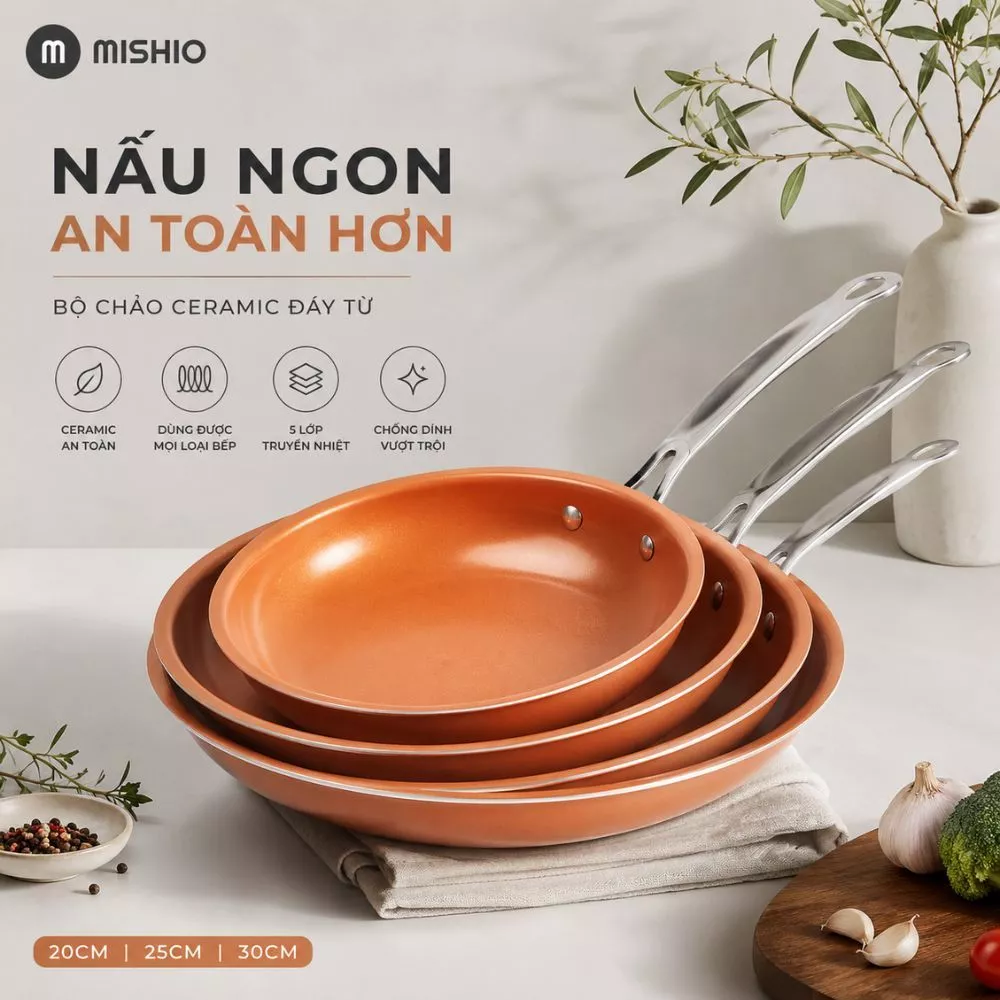 Chảo Chống Dính Đáy Từ Mishio (Size 20, 25, 30cm) - Chống Dính Gốm Cao Cấp, An Toàn Sức Khỏe
