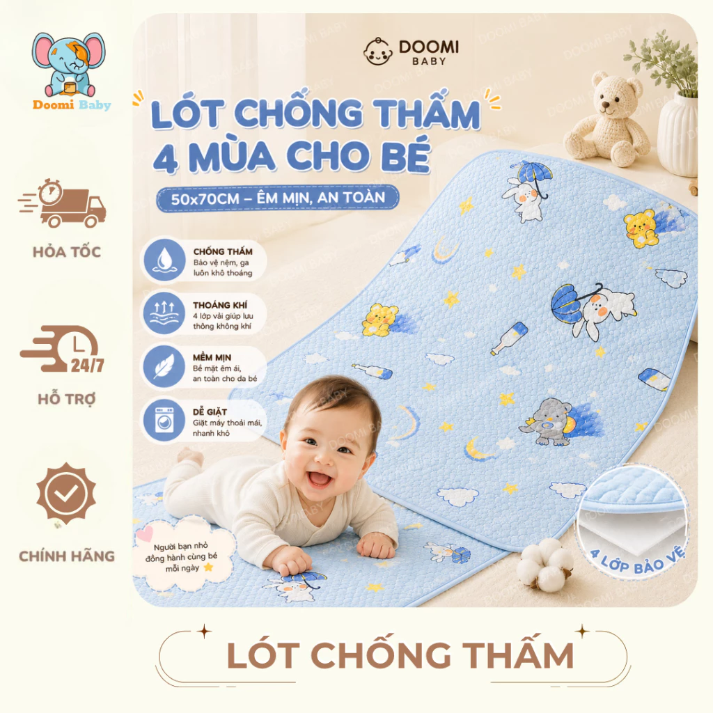 Lót Chống Thấm 4 Mùa Cho Bé Kích Thước 50*70cm Hàng Chính Hãng Doomi Baby - HT669 - HT723