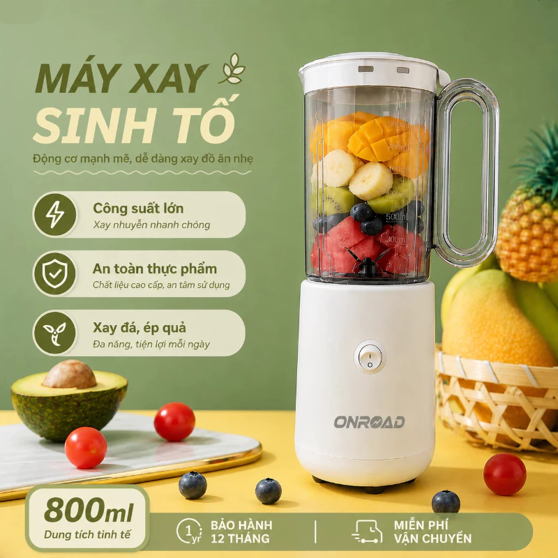 Máy Xay Sinh Tố 300W Siêu Mạnh, 800ml, Xay Đá & Trái Cây Mịn Mượt Bảo Hành 12 Tháng