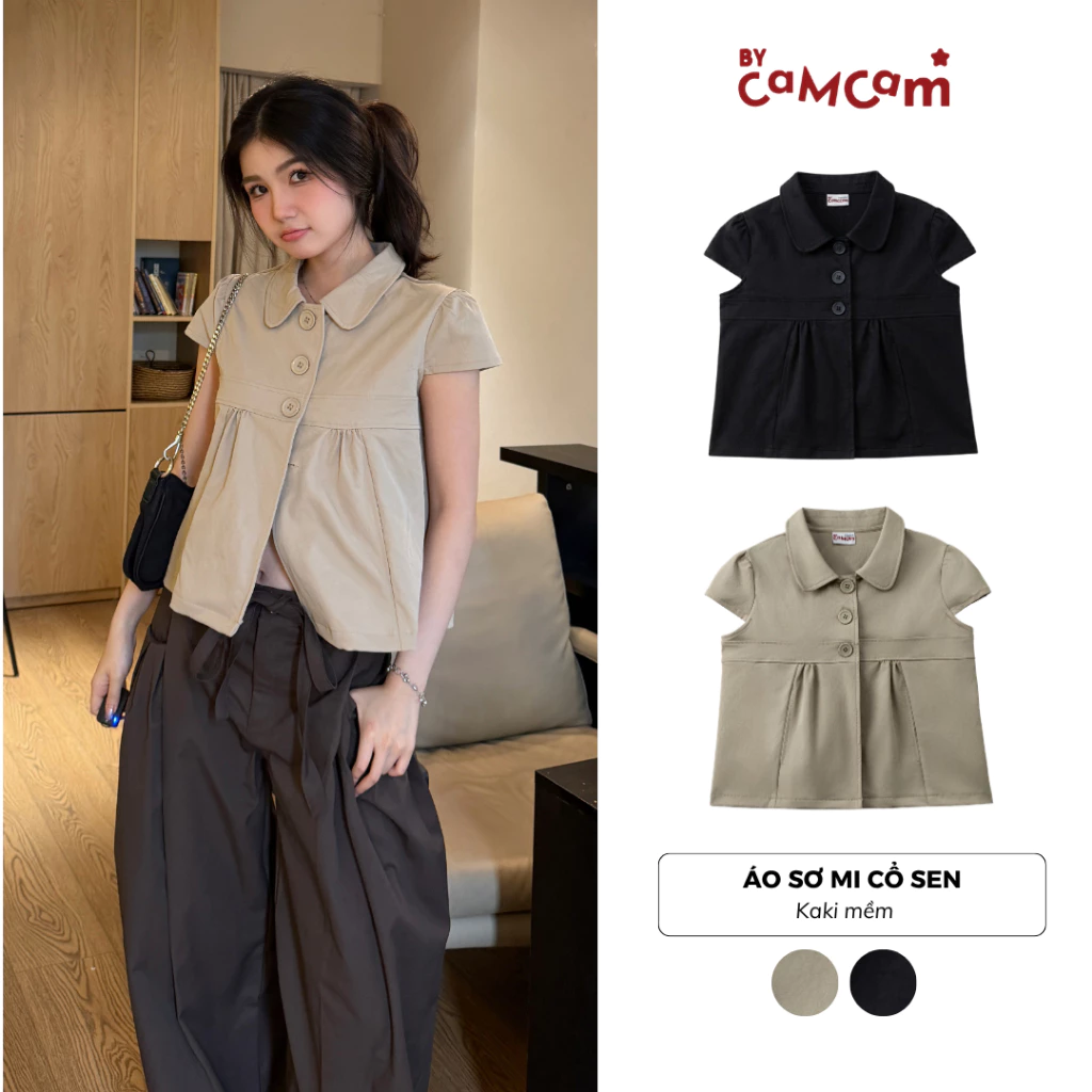 Áo Sơ Mi Cổ Sen 𝑩𝒚𝒄𝒂𝒎𝒄𝒂𝒎 Tay Nhí Cúc Đại Nổi Bật Trendy AKN527