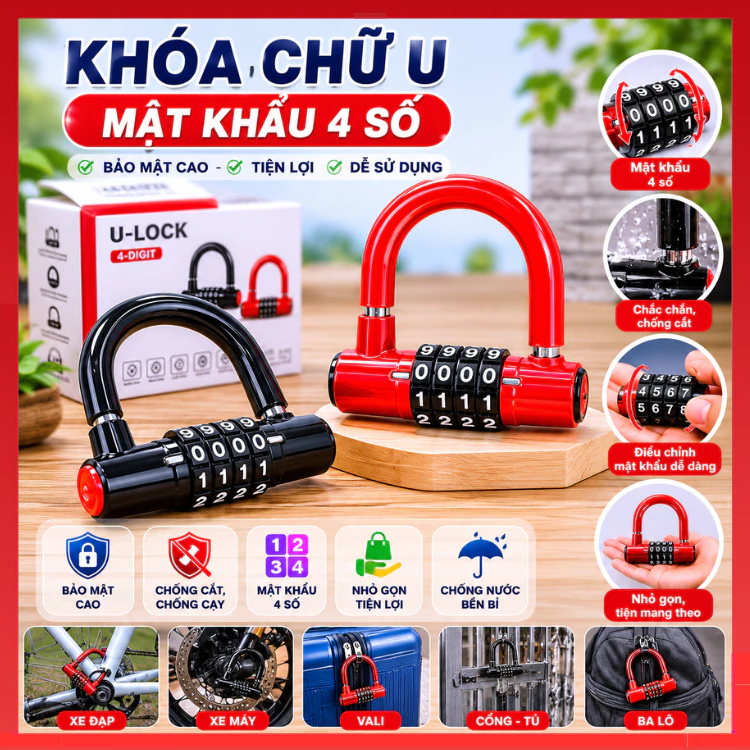 Ổ khoá 4 số chữ U HD loại cao cấp An toàn chống trộm, Bảo mật cao, Có thể thay đổi mật mã