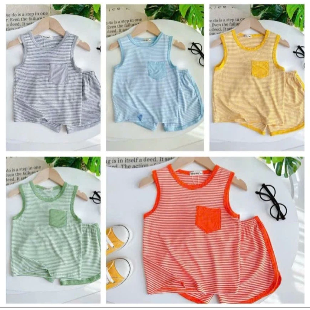 Bộ thun lạnh ba lỗ sọc dệt có túi quần vát cho bé từ 6 -16kg